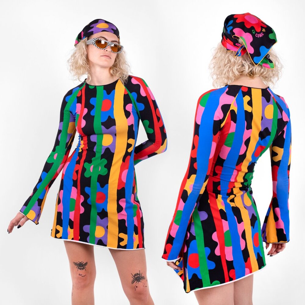 NWOT La Come Di Flower Power Mini Dress - Size L - Vibrant Rainbow Colors